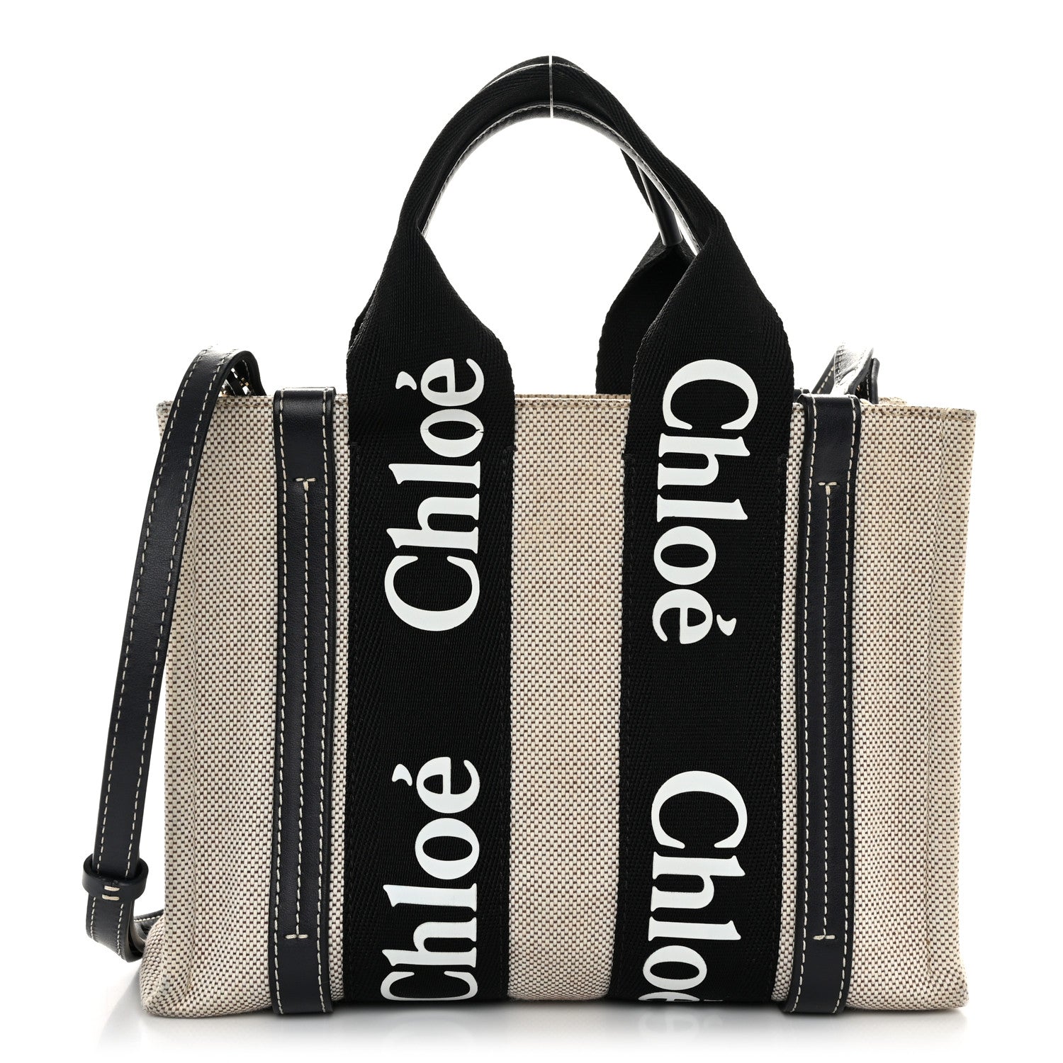 Chloe Cotton Calfskin Small Woody Ribbon Tote With Strap Black Blue 1 of 11