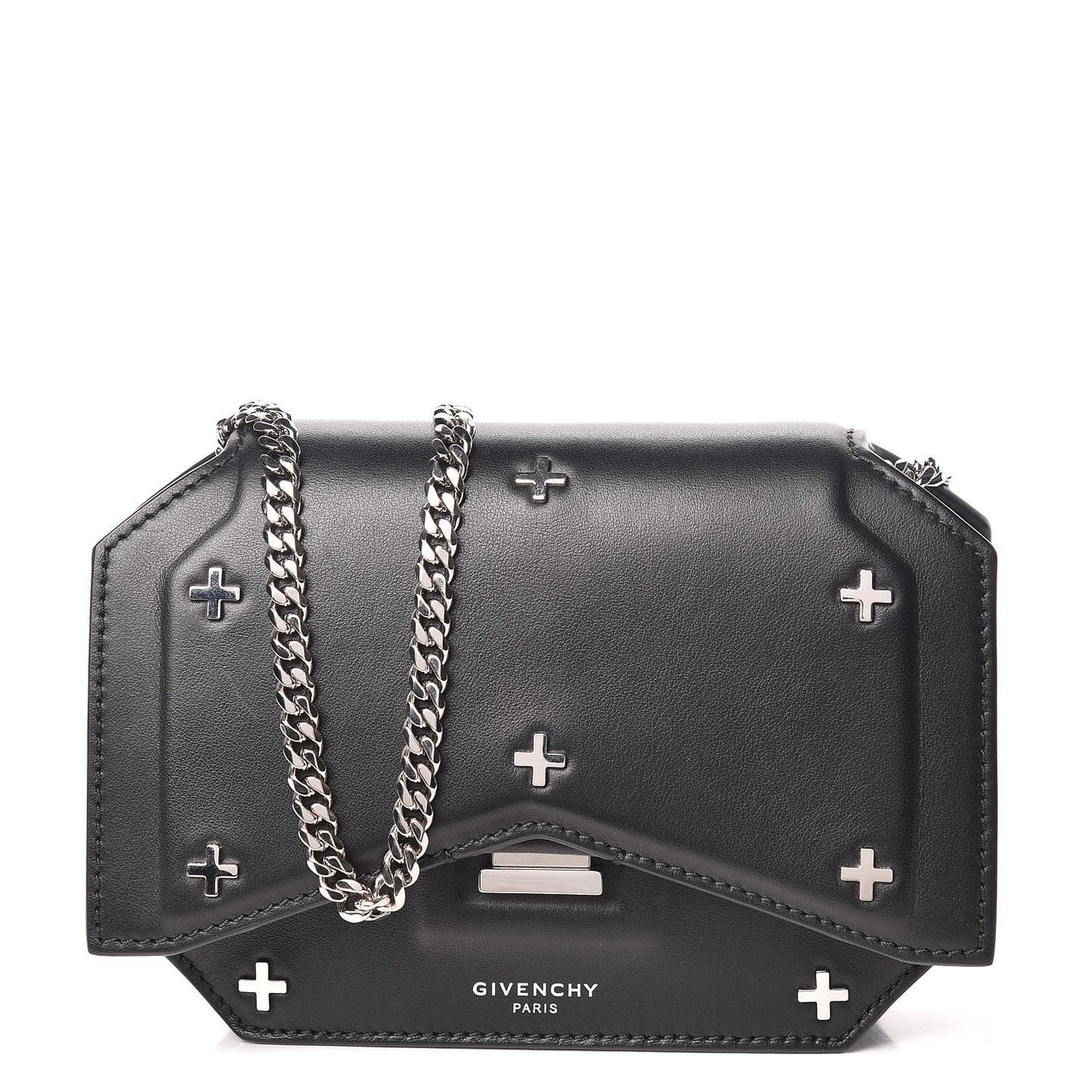 Calfskin Cross Embellished Bow Cut Chain Bag Black