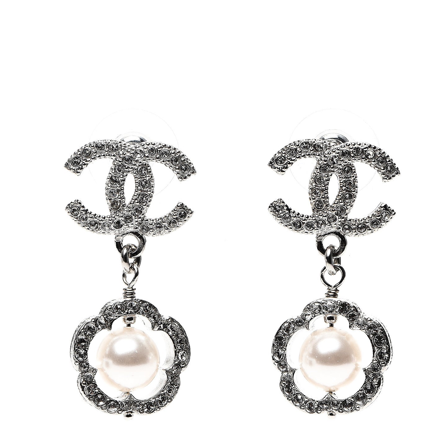 Crystal Pearl Camellia CC Coco Flapper Drop Earrings Silver