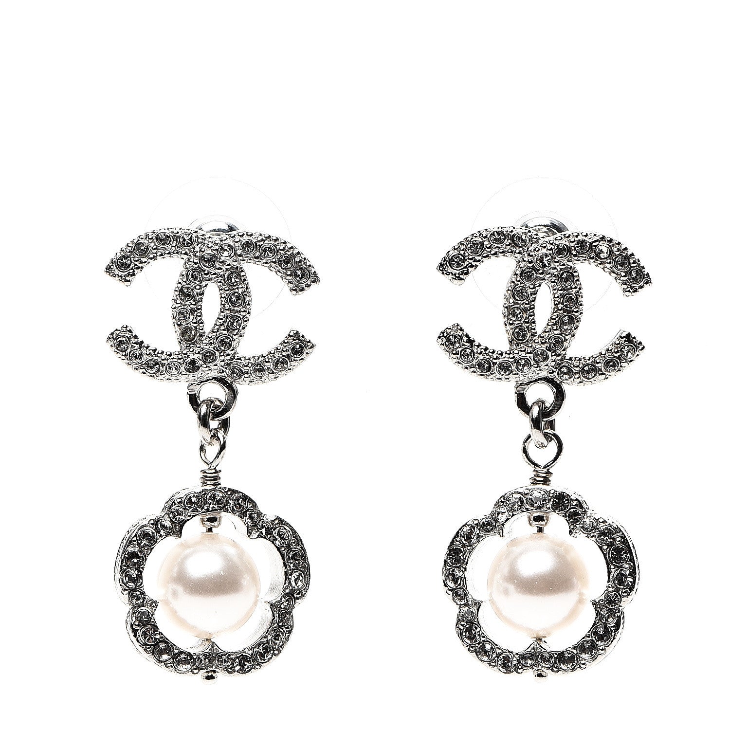 Chanel Crystal Pearl Camellia CC Coco Flapper Drop Earrings Silver 1 of 5