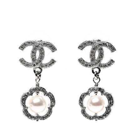 Chanel Crystal Pearl Camellia CC Coco Flapper Drop Earrings Silver 1 of 5
