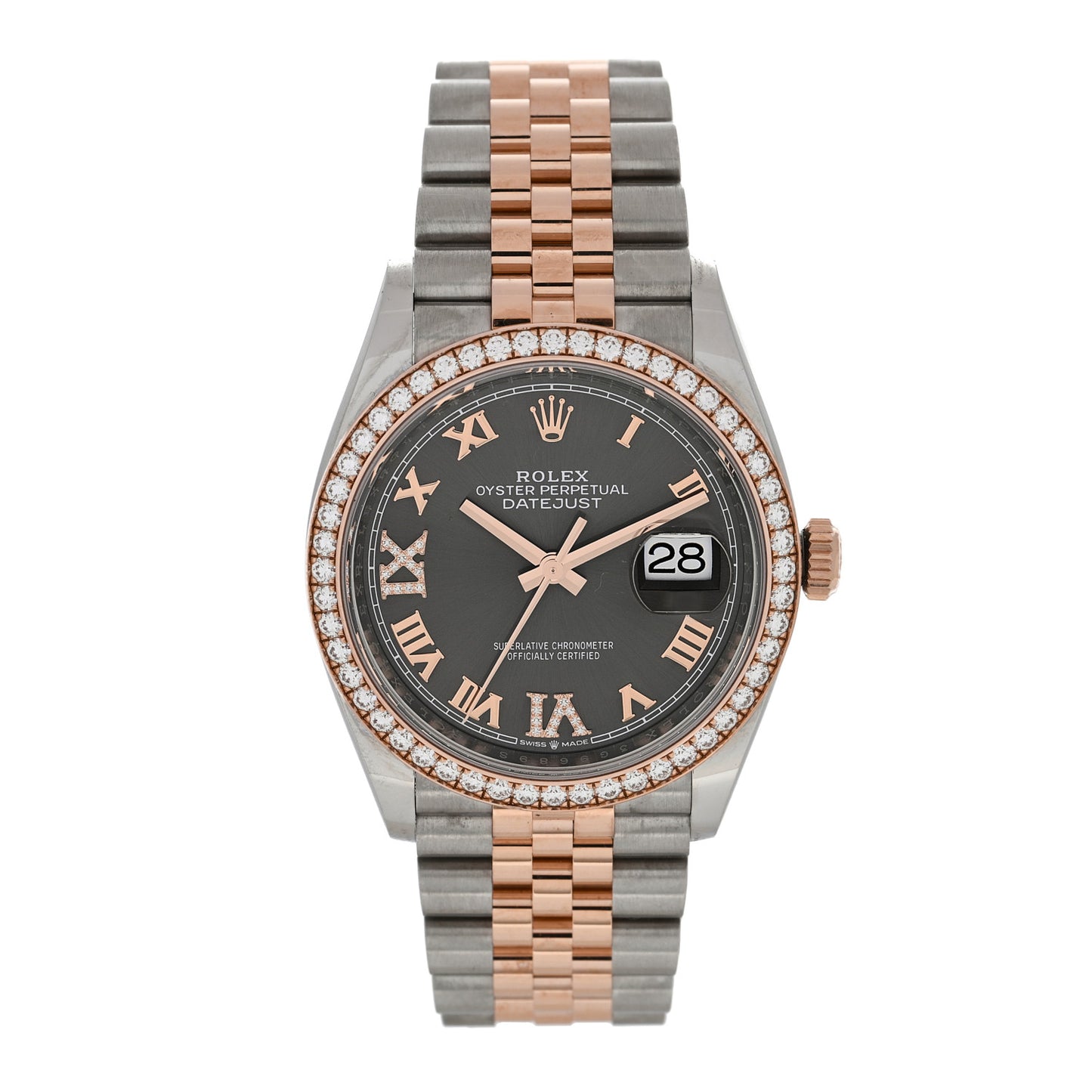 Stainless Steel 18K Everose Gold Diamond 36mm Oyster Perpetual Datejust Watch Rhodium Roman 126281RBR