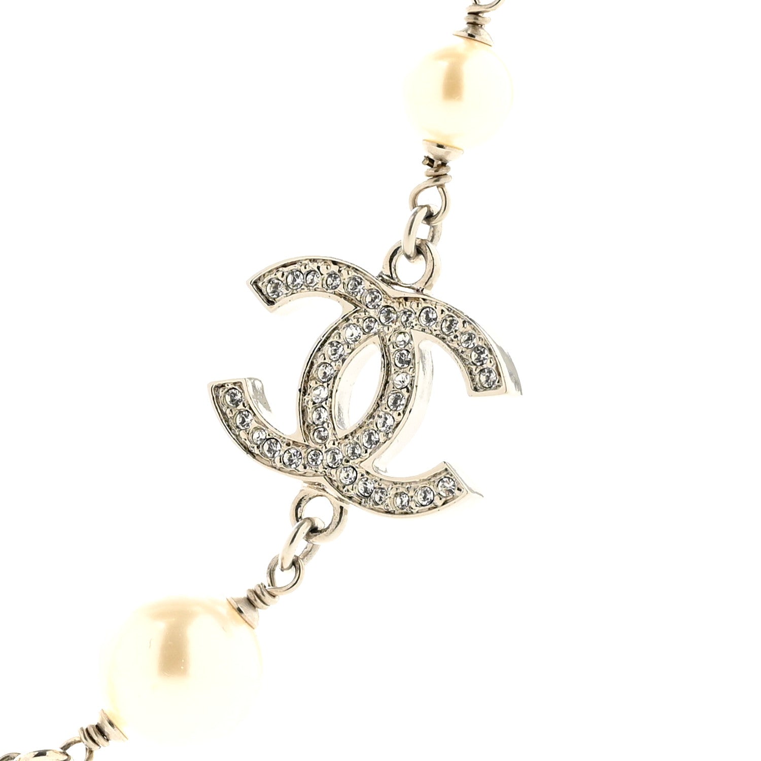 Chanel Graduated Pearl Crystal CC Long Necklace Silver 4 of 6