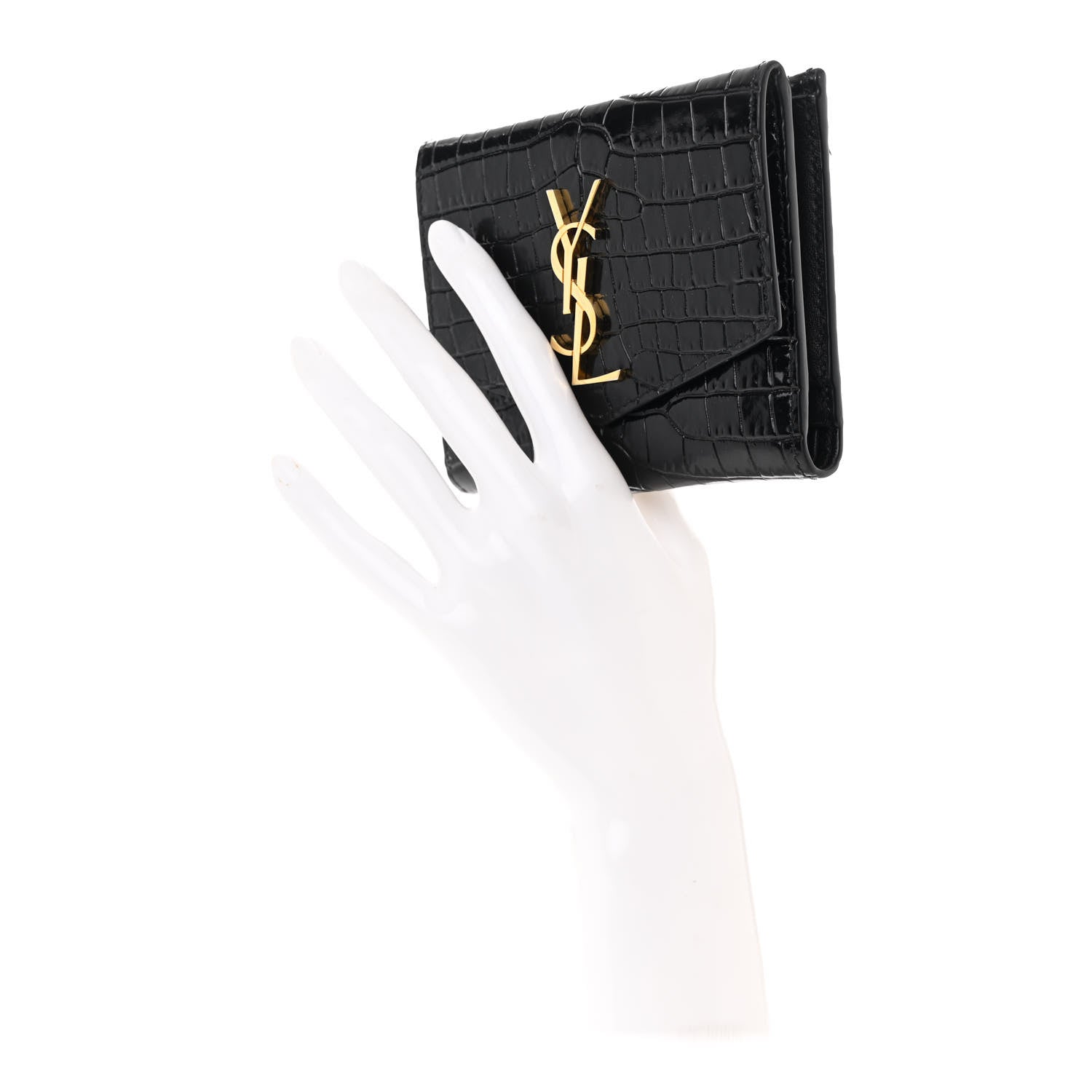 Saint Laurent Shiny Calfskin Crocodile Embossed Monogram Uptown Compact Wallet Black 2 of 7