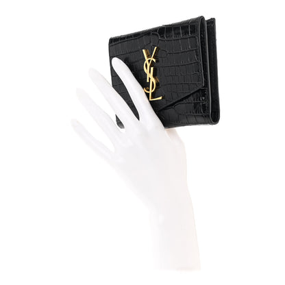 Saint Laurent Shiny Calfskin Crocodile Embossed Monogram Uptown Compact Wallet Black 2 of 7