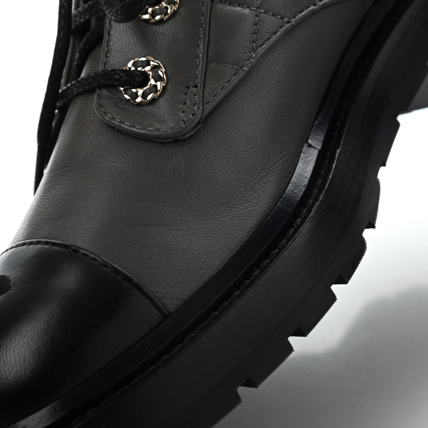 Shiny Lambskin Quilted Lace Up Combat Boots 38 Grey Black