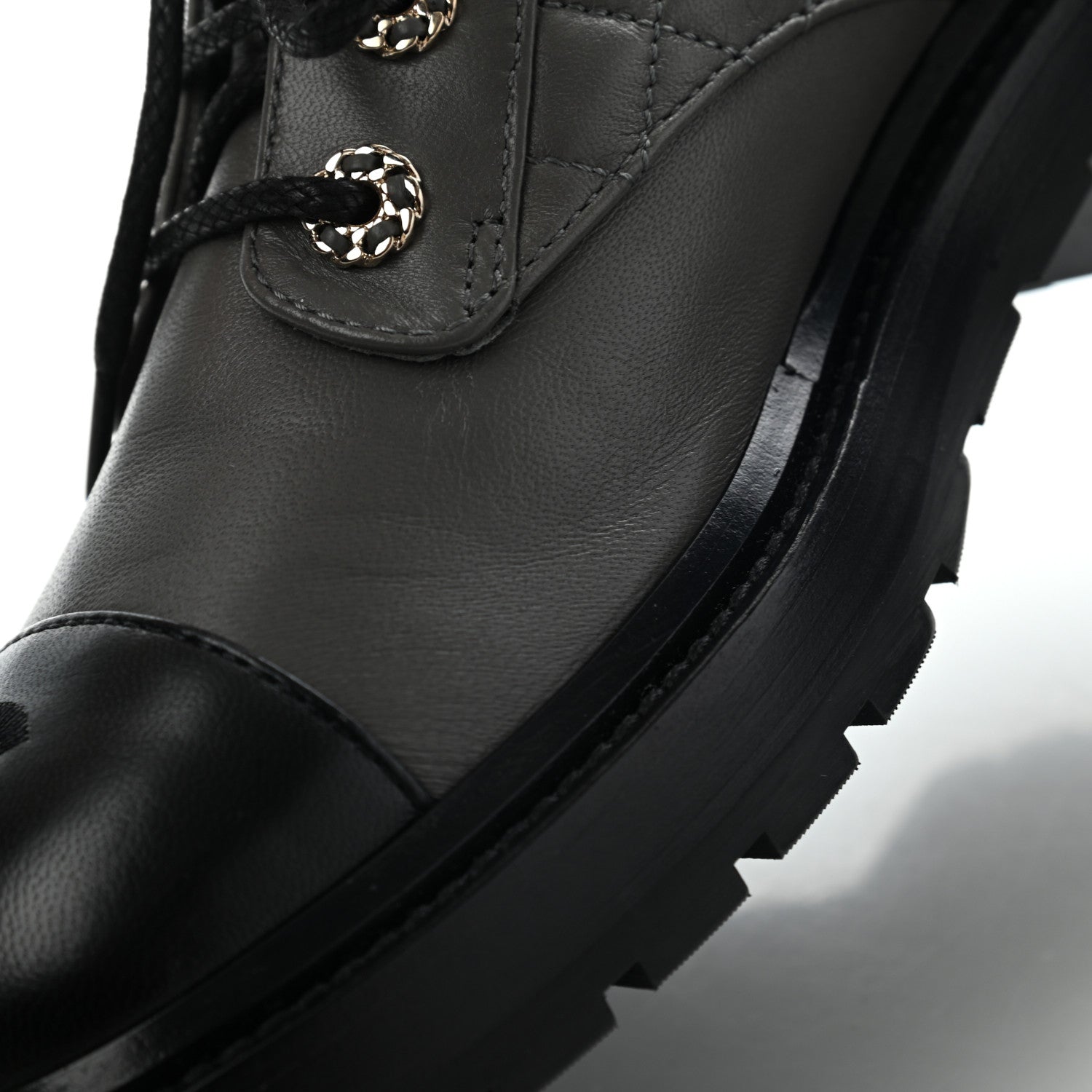 Chanel Shiny Lambskin Quilted Lace Up Combat Boots 38 Grey Black 11 of 11