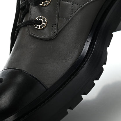 Chanel Shiny Lambskin Quilted Lace Up Combat Boots 38 Grey Black 11 of 11
