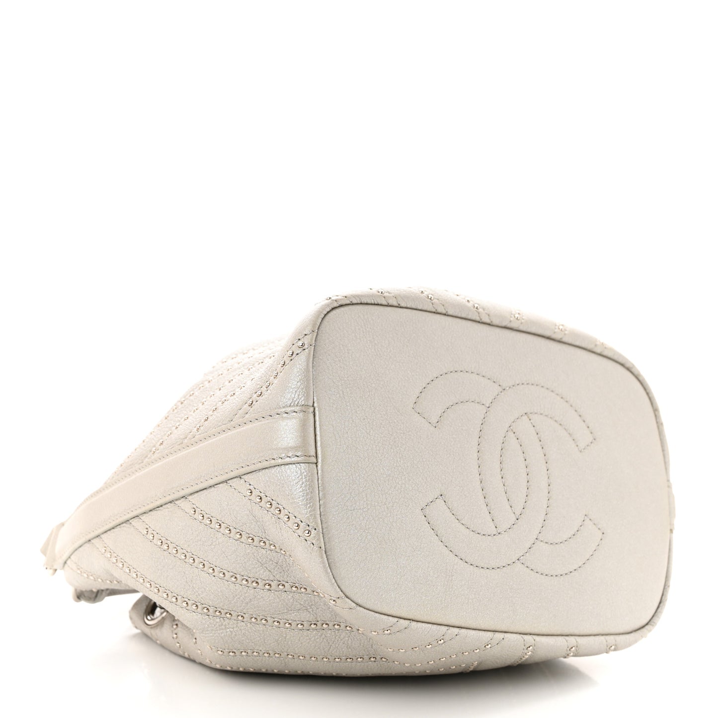 Metallic Calfskin Studded Chevron Quilted Small Stud Wars Drawstring Bag Silver