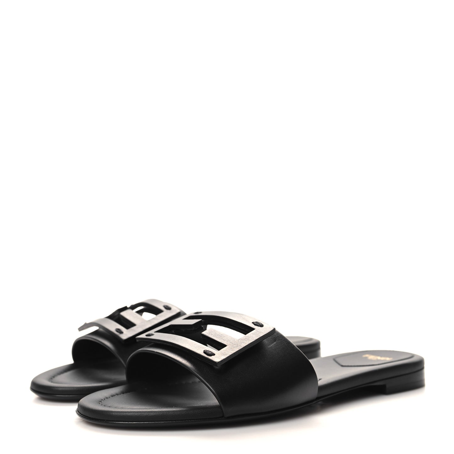 Calfskin FF Logo Plaque Slide Sandals 38 Black
