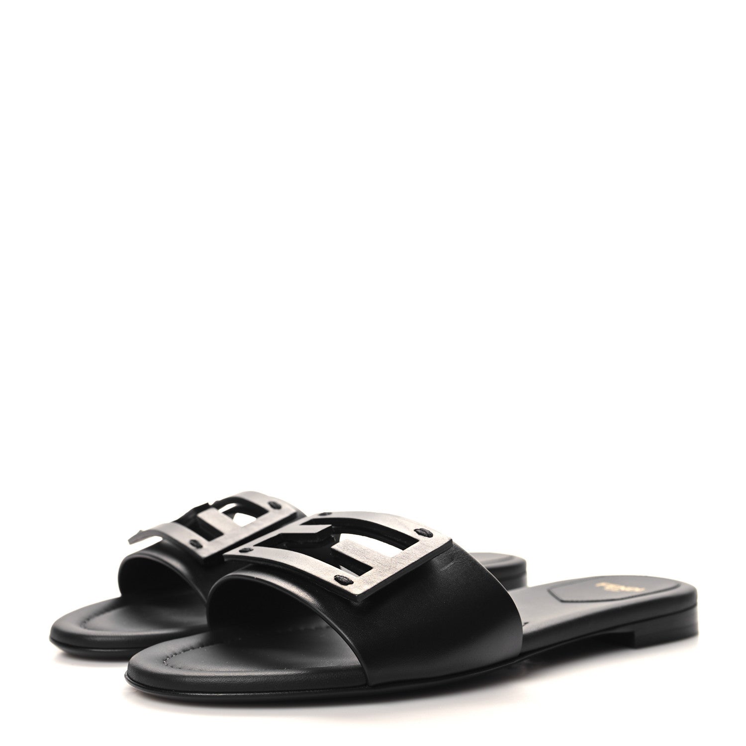 Fendi Calfskin FF Logo Plaque Slide Sandals 38 Black 3 of 7
