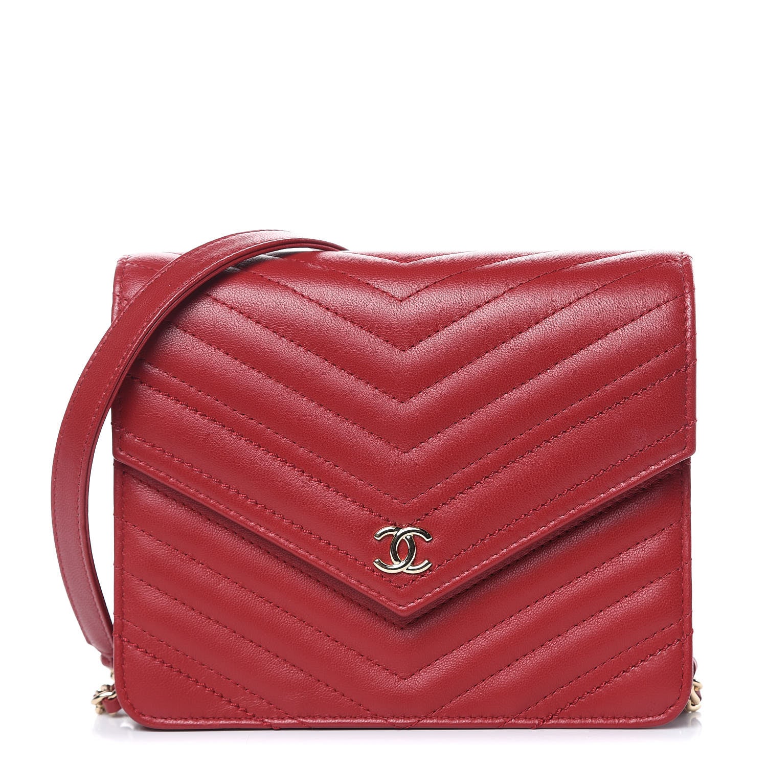 Chanel Lambskin Chevron Quilted Square Wallet On Chain WOC Red 1 of 11