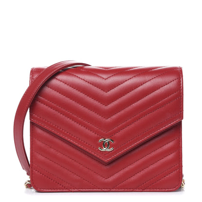 Chanel Lambskin Chevron Quilted Square Wallet On Chain WOC Red 1 of 11