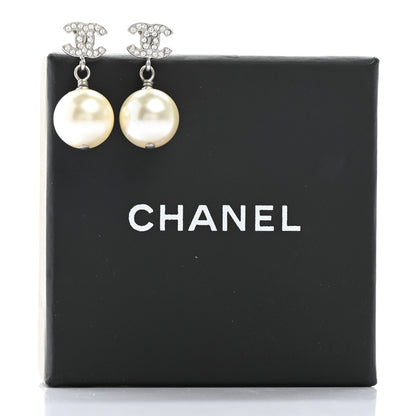 Chanel Crystal Pearl CC Drop Earrings Silver Pearly White 5 of 5