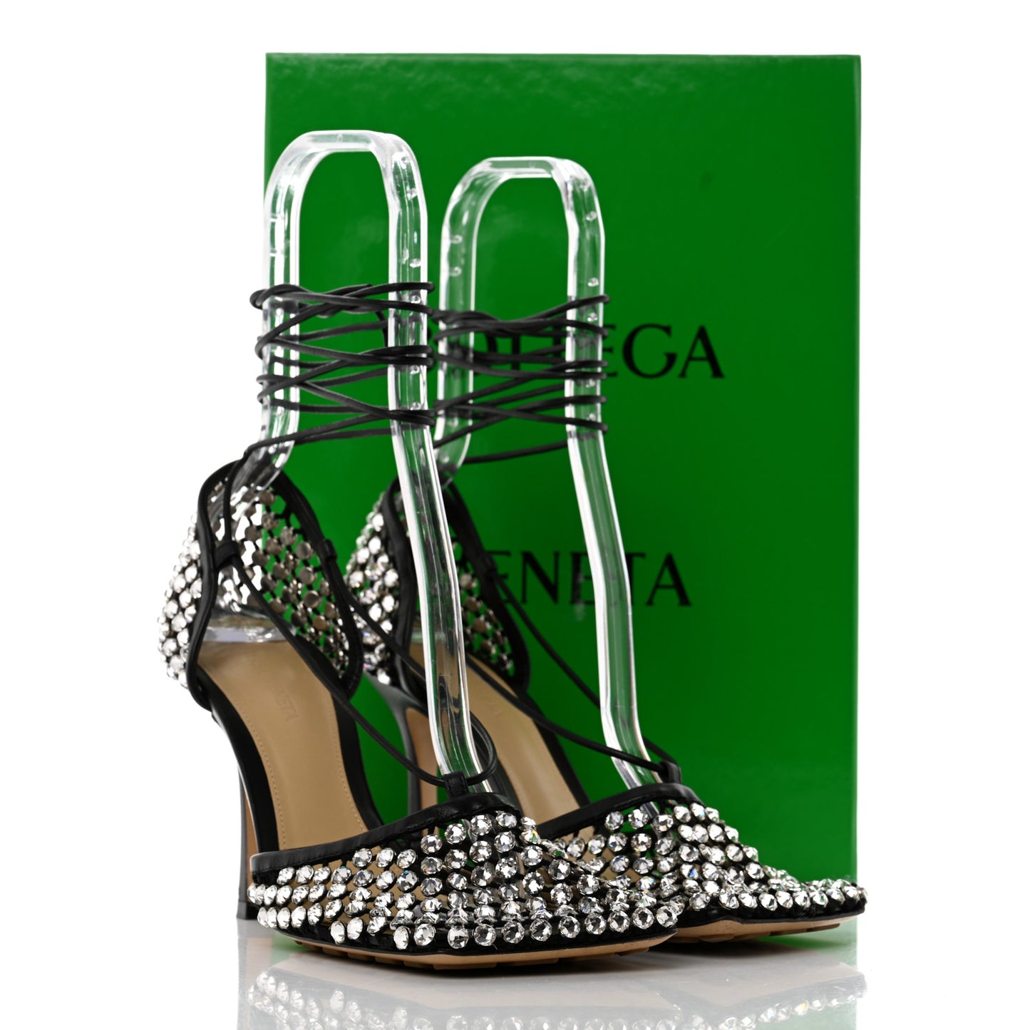 Mesh Nappa Crystal Embellished Sparkle Stretch Ankle Tie Sandals 39 Black