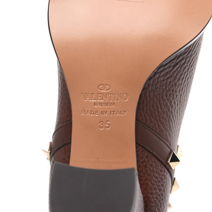 Valentino Garavani Pebbled Calfskin Rockstud Double Buckle 70mm Block Heel Ankle Boots 35 Light Brown 6 of 9