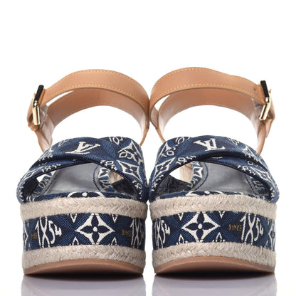 Louis Vuitton Jacquard Calfskin Since 1854 Boundary Wedge Sandals 37.5 Blue 2 of 9