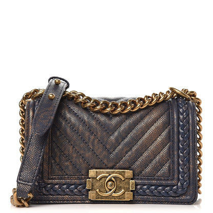Chanel Patinated Caviar Chevron Braided Small Boy Flap Navy Blue 1 of 8