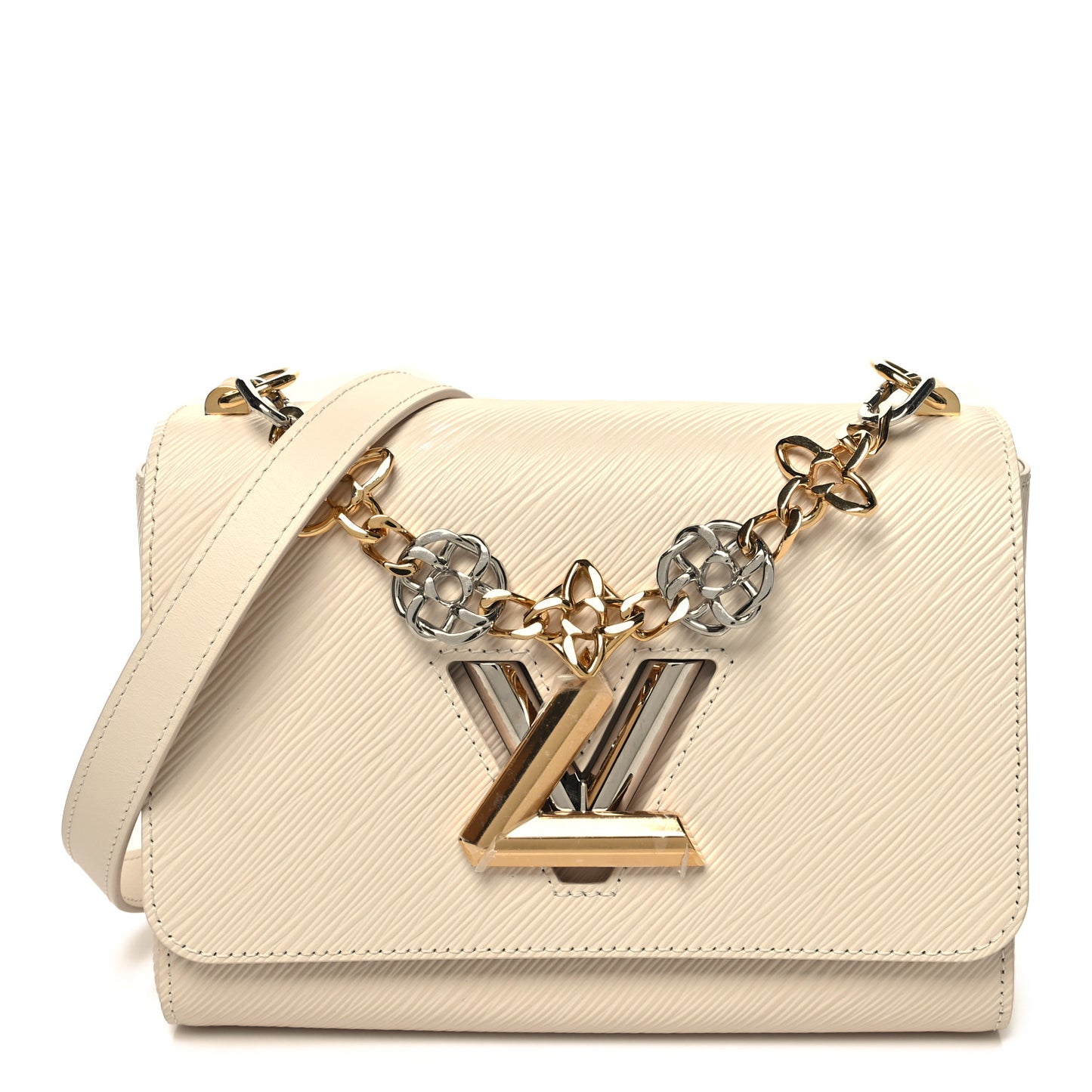 Epi Twist Monogram Flower Chain Shoulder Bag MM Quartz White