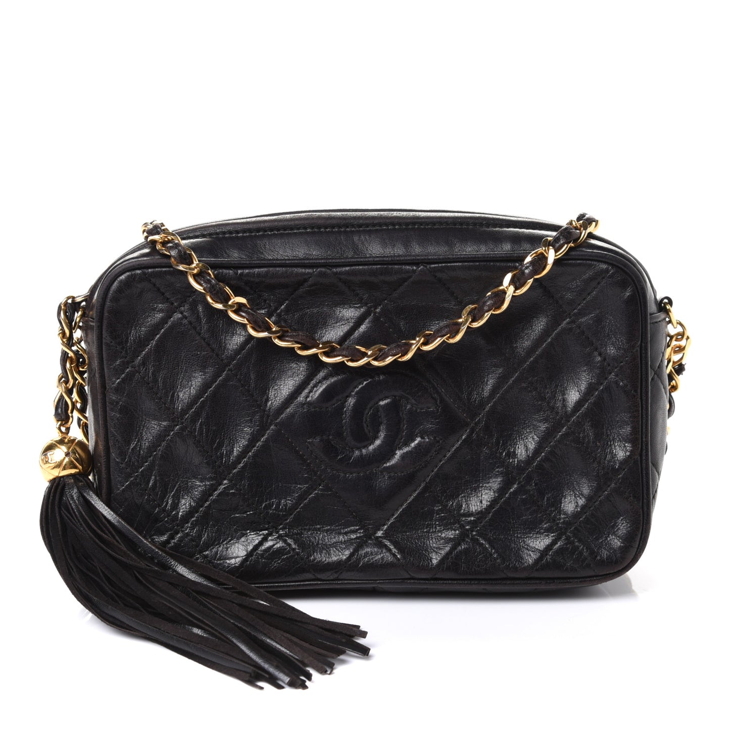 Lambskin Quilted Tassel Camera Case Black