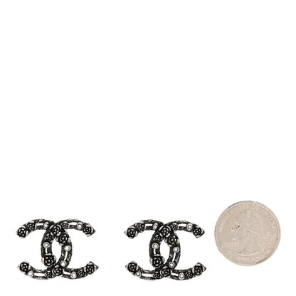 Chanel Crystal CC Camellia Earrings Ruthenium 2 of 5