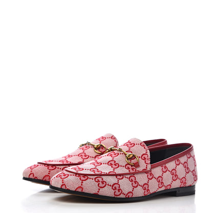 Gucci Canvas GG Monogram Horsebit Womens Jordaan Loafers 38.5 Gardenia Hibiscus Red 2 of 10