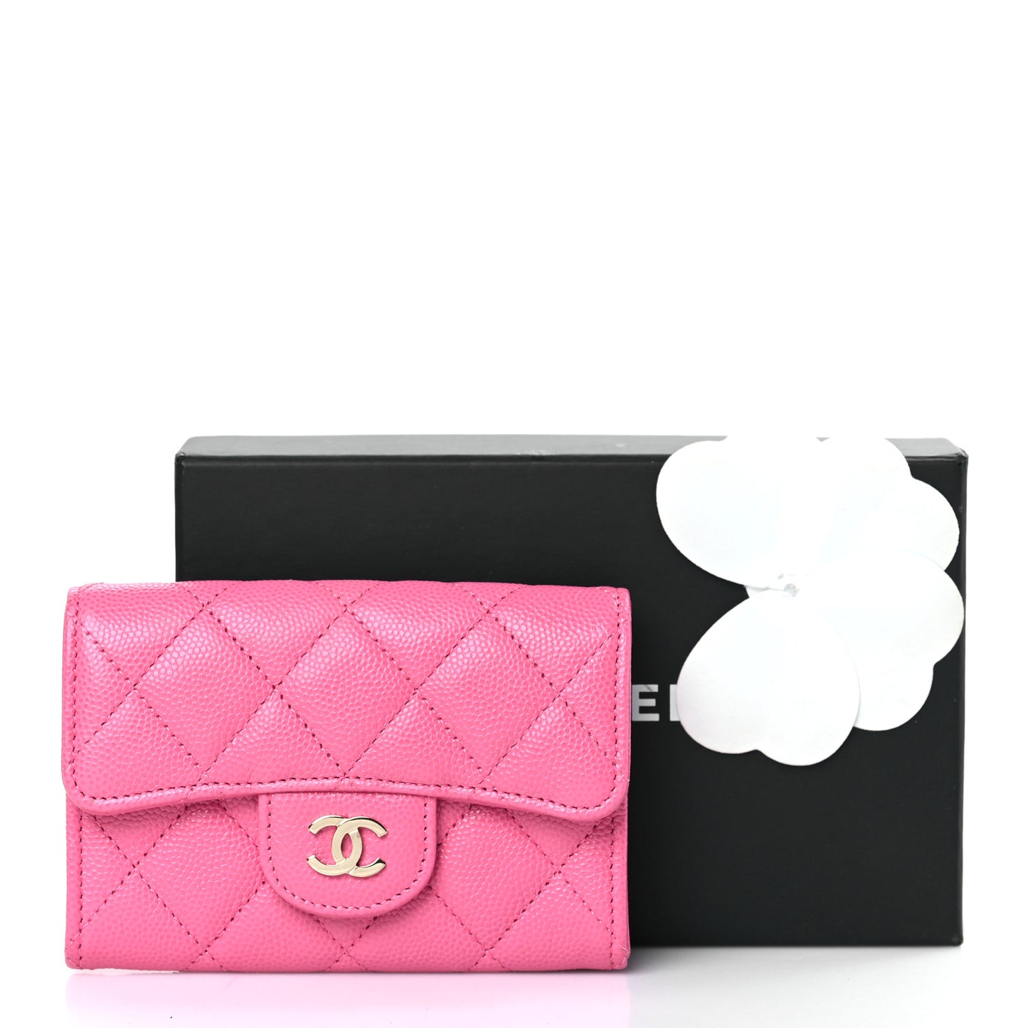 Caviar Quilted Flap Card Holder Wallet Pink