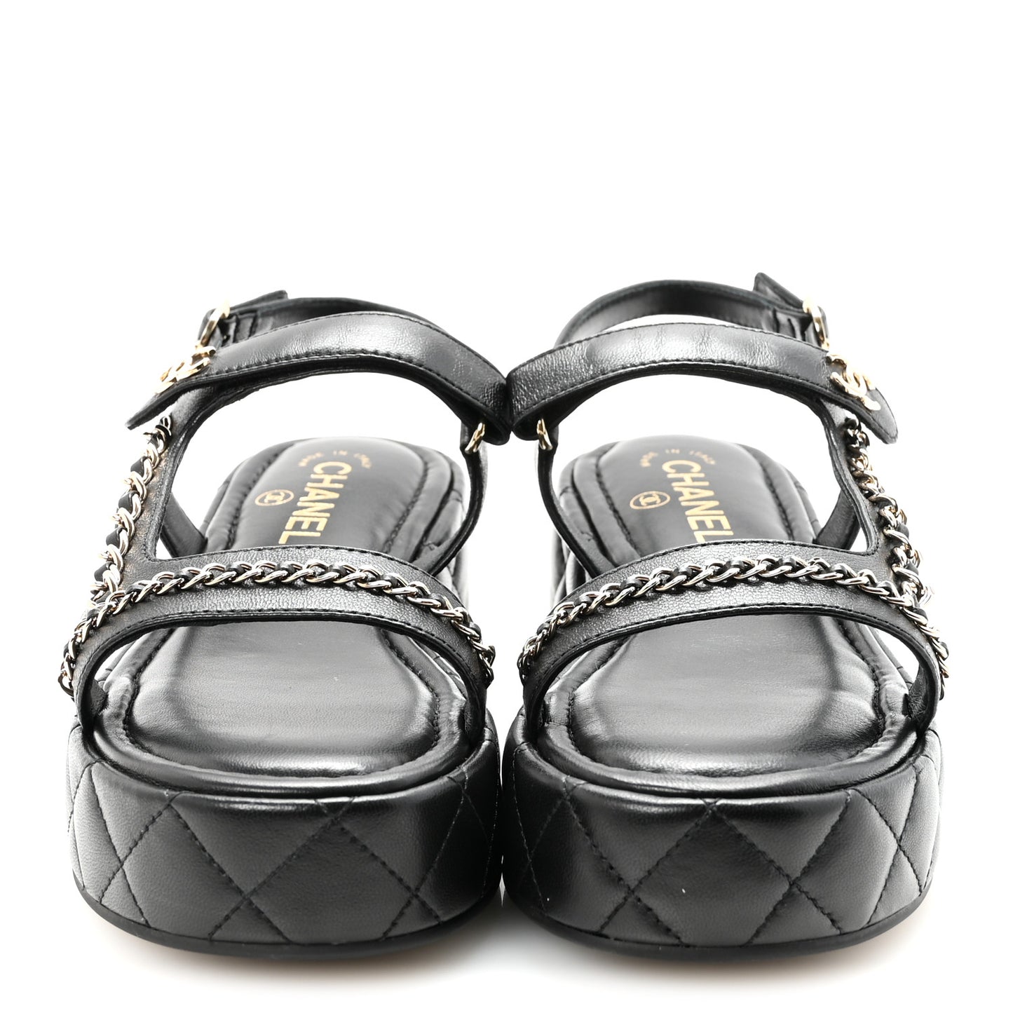 Lambskin Quilted Chain CC Platform Sandals 38.5 Black