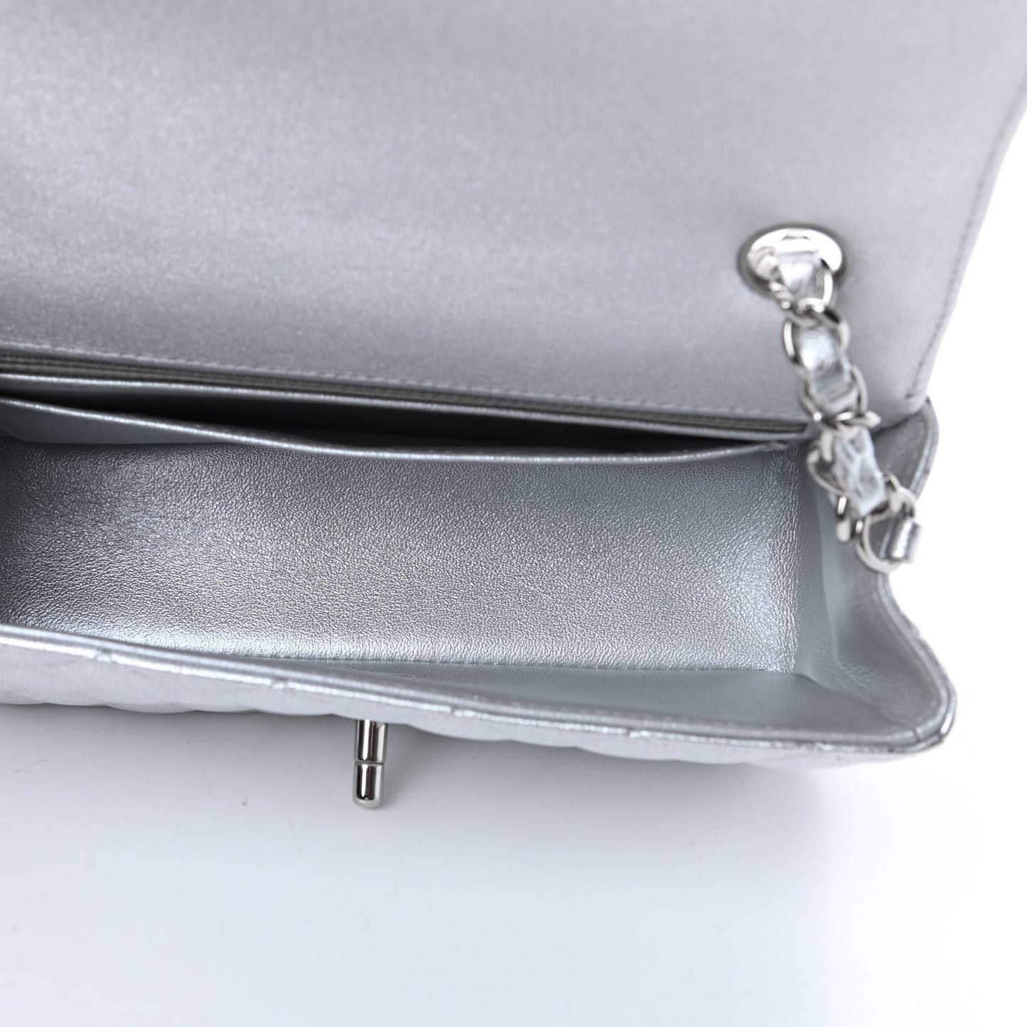 Metallic Lambskin Quilted Mini Rectangular Flap Silver
