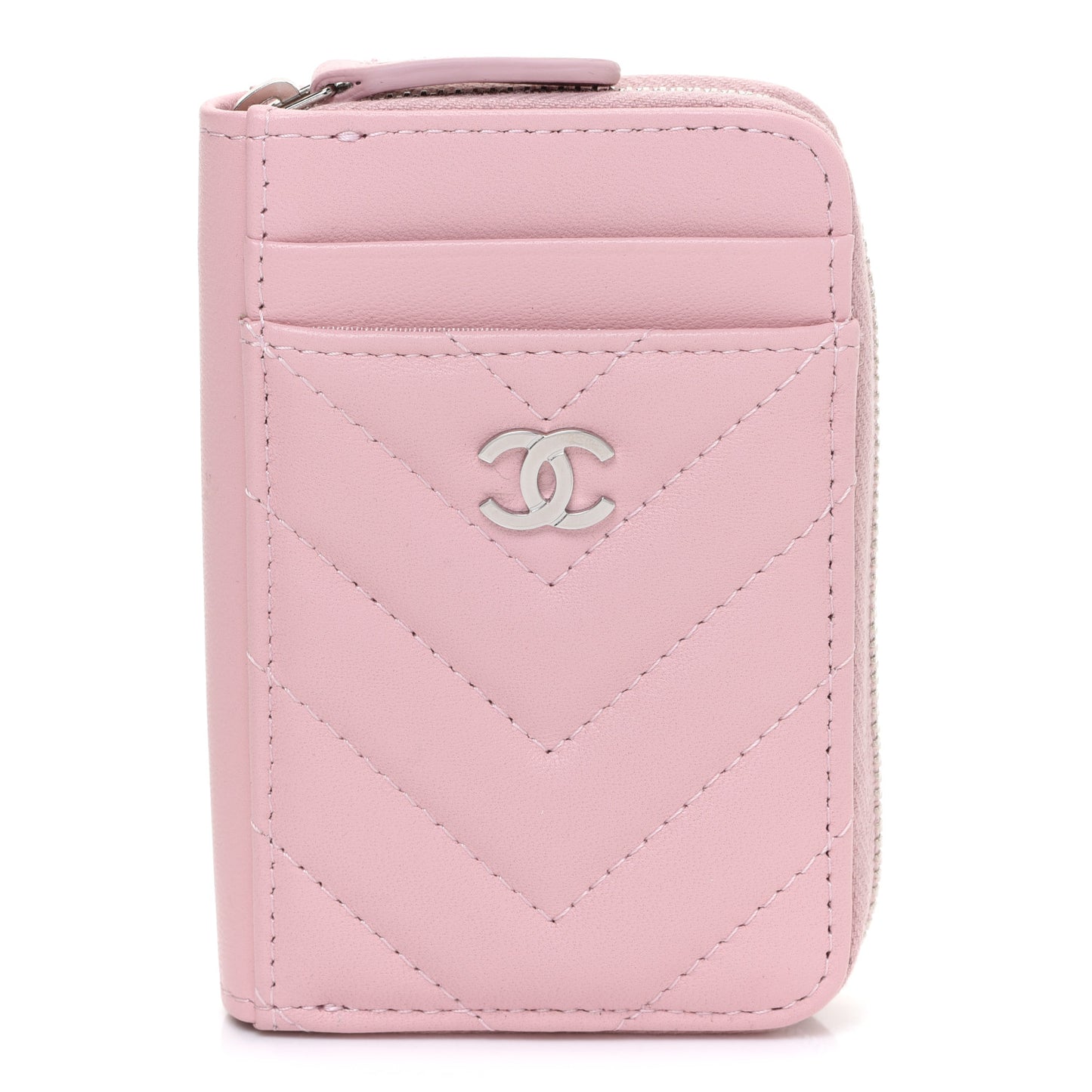 Lambskin Chevron Quilted Zip Card Holder Pink