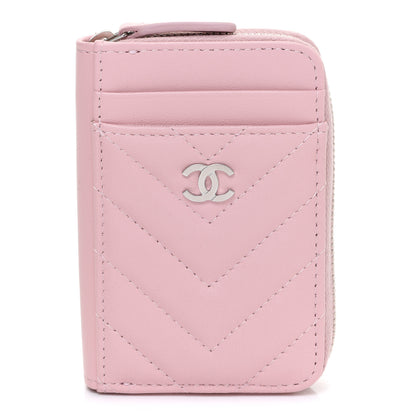 Chanel Lambskin Chevron Quilted Zip Card Holder Pink 1 of 8