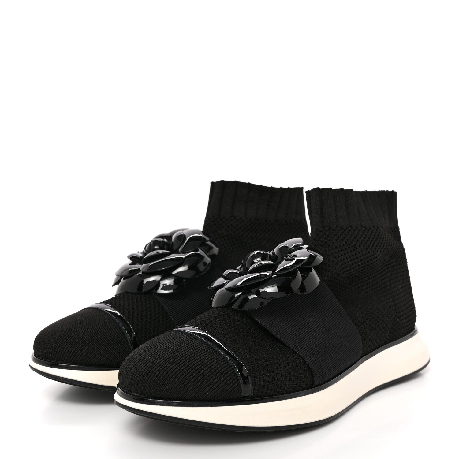 Chanel Knit Patent Calfskin Womens High Top Camellia Sneakers 39.5 Black 3 of 9
