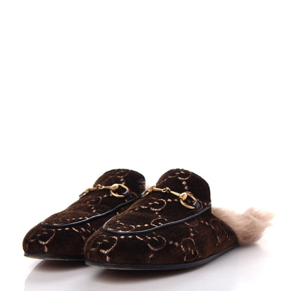 Gucci Velvet GG Monogram Fur Womens Princetown Slippers 36 Brown Black Natural 3 of 10