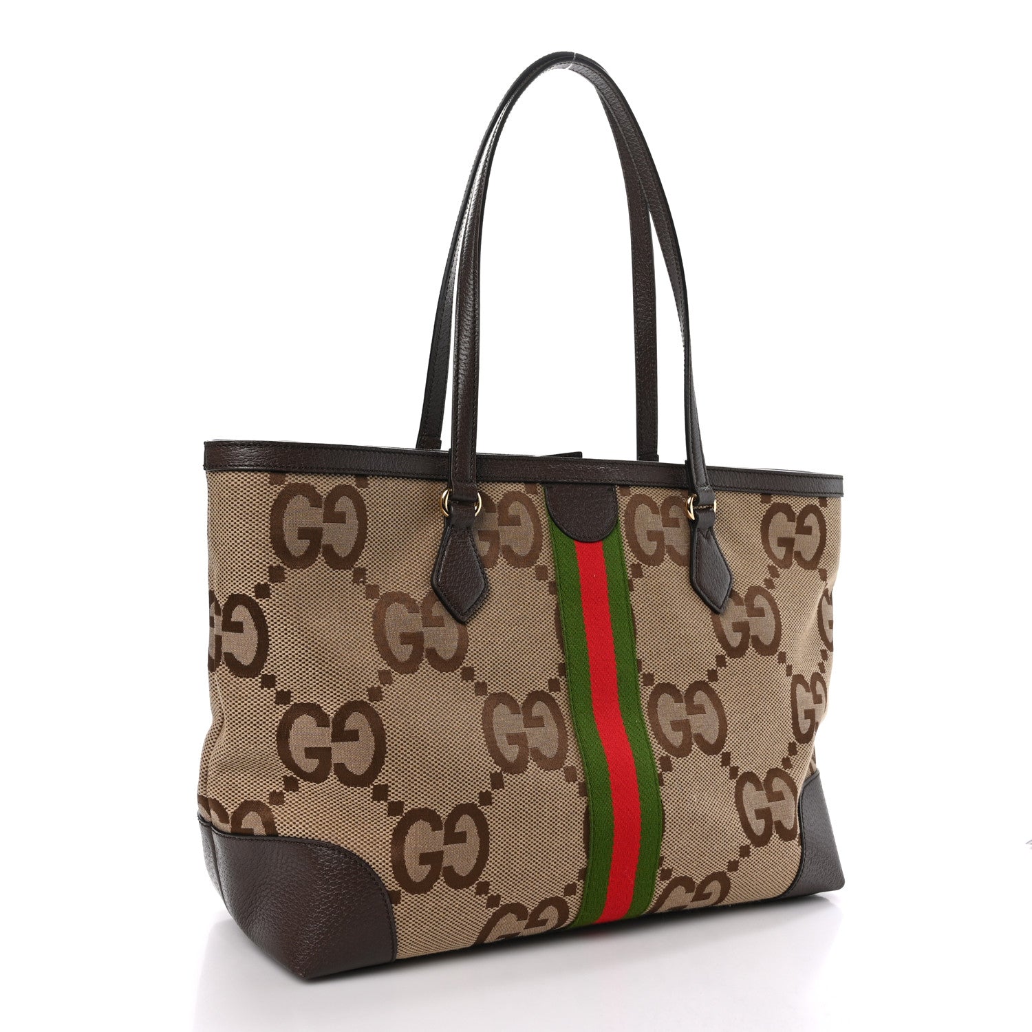 Gucci Monogram Jumbo GG Textured Dollar Calfskin Web Medium Ophidia Shopping Tote Camel Ebony 3 of 10