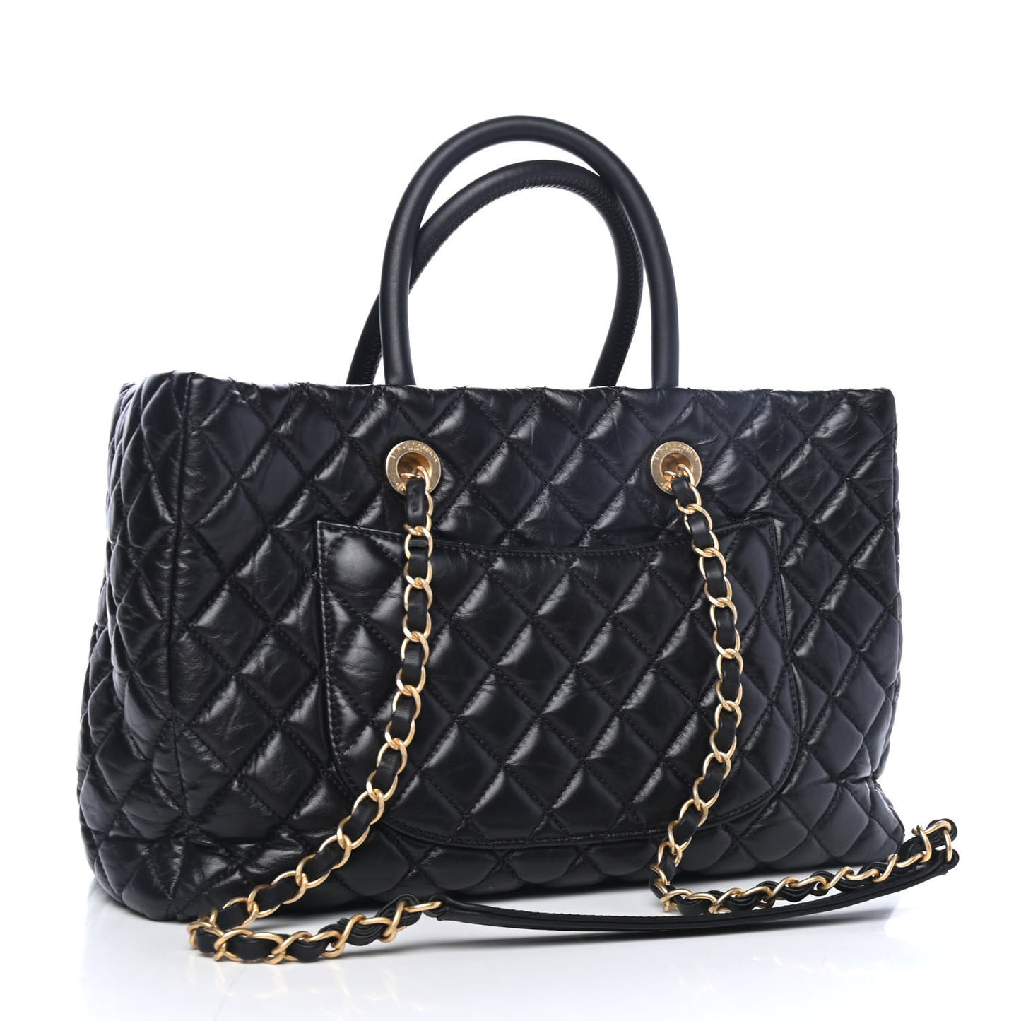 Aged Calfskin Quilted Large Coco Handle Shopping Tote Black