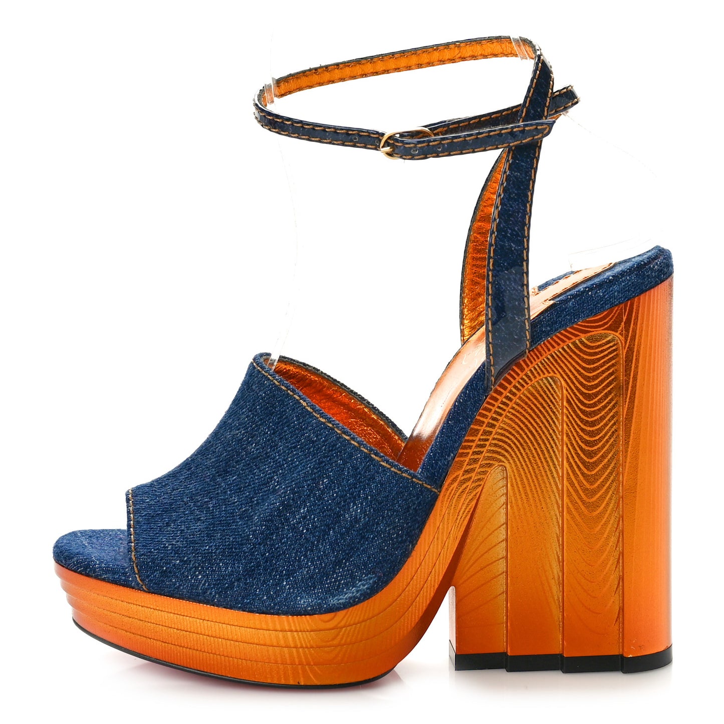 Denim Calfskin Mira Colunata 120 Sandals 36 Lin Brandy Gold