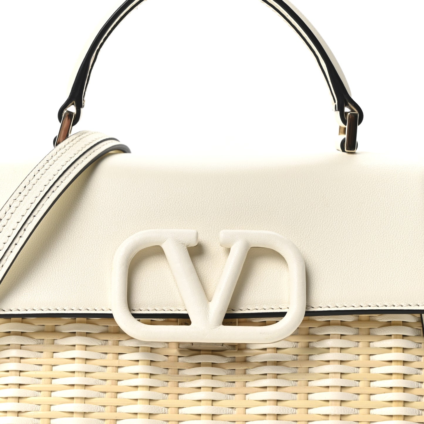 Wicker Calfskin Small VSling Top Handle Bag Natural White