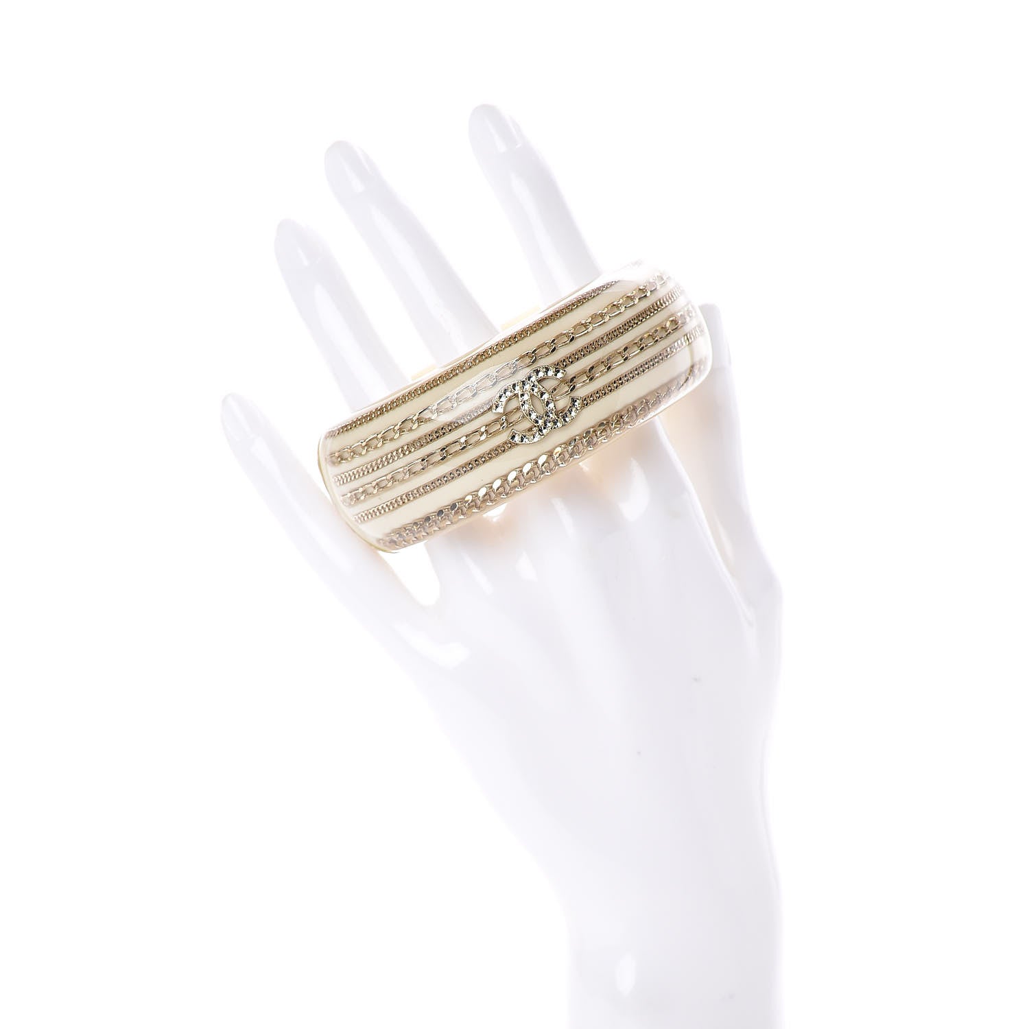 Chanel Resin Crystal Chain CC Cuff Bracelet Off White Gold 2 of 4