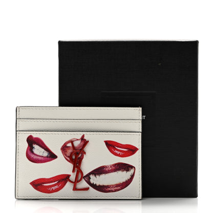 Saint Laurent Grain De Poudre Lips Print Monogram Card Holder White Red 8 of 8