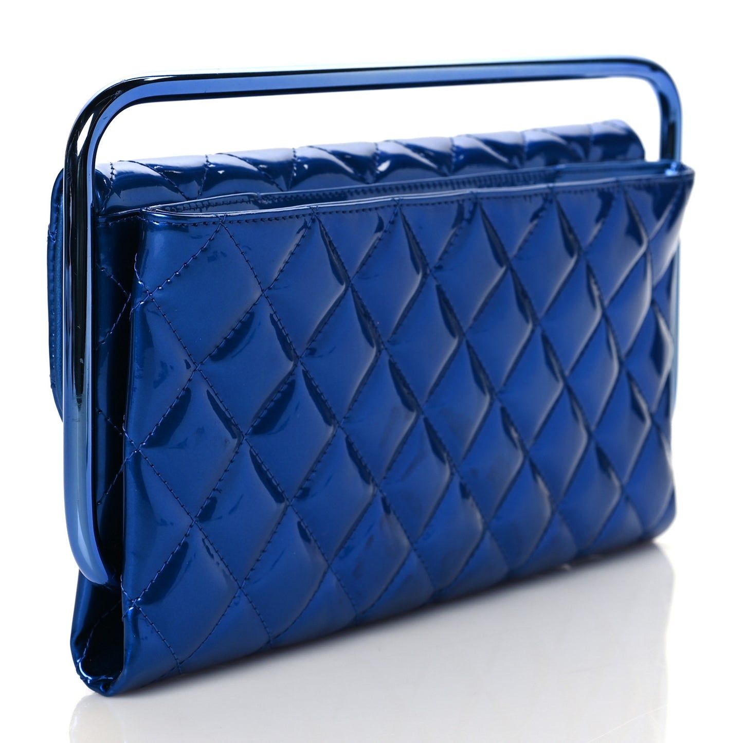 Metallic Patent Calfskin Quilted Metal Handle Clutch Blue