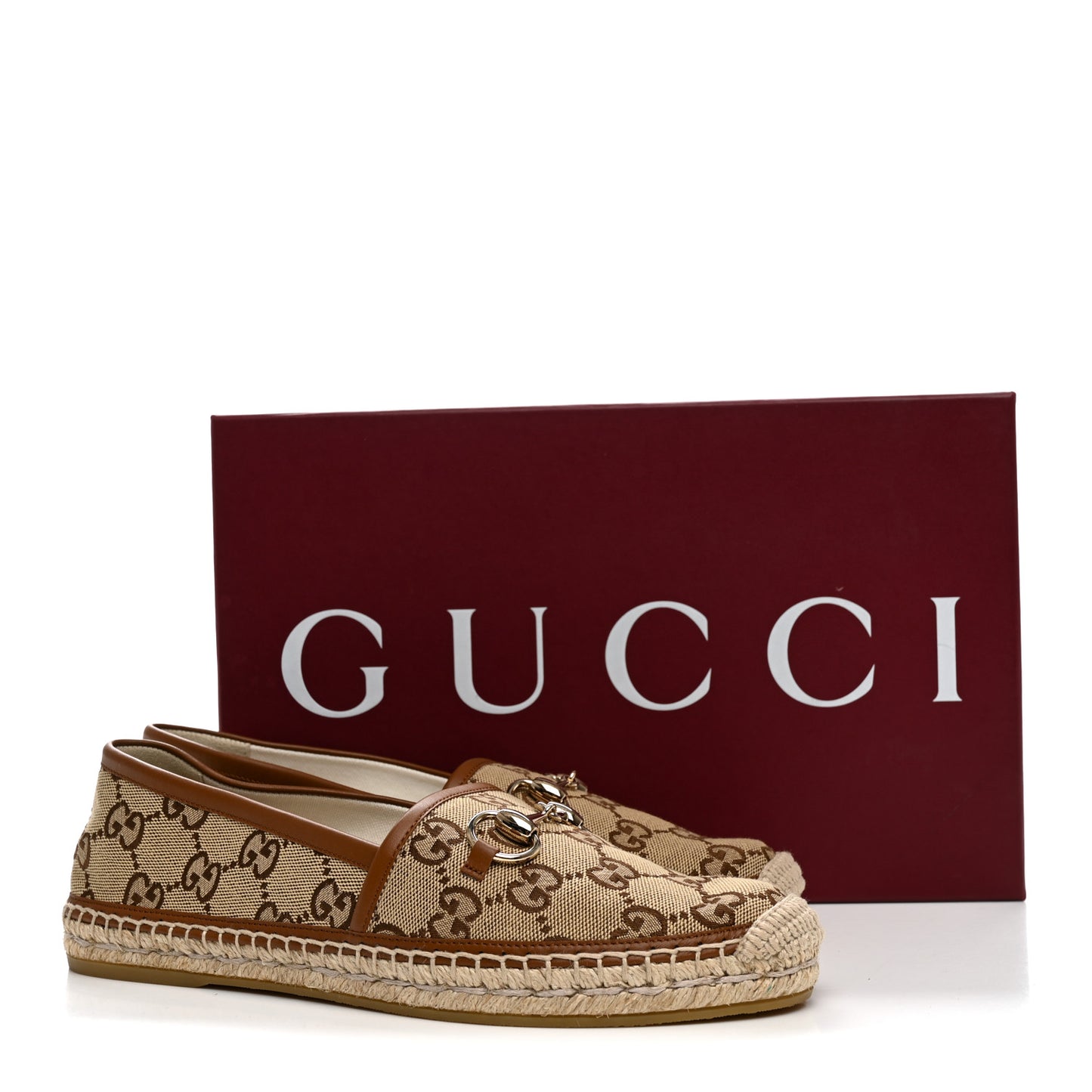 GG Supreme Monogram Horsebit Espadrilles 38 Camel Ebony Sundial
