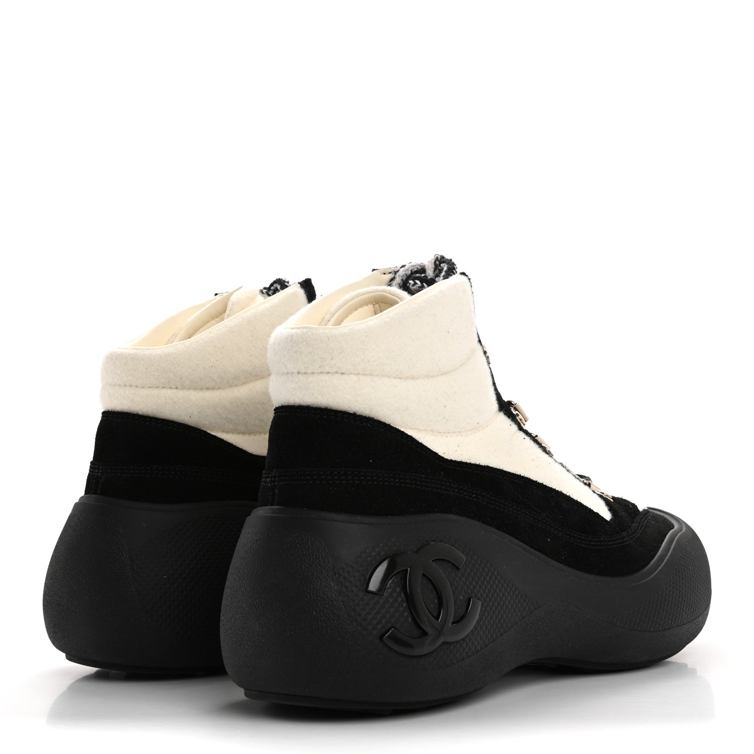 Chanel Wool Suede Calfskin Nylon CC Lace Up Ankle Snow Boots 39.5 Ivory Black 5 of 9