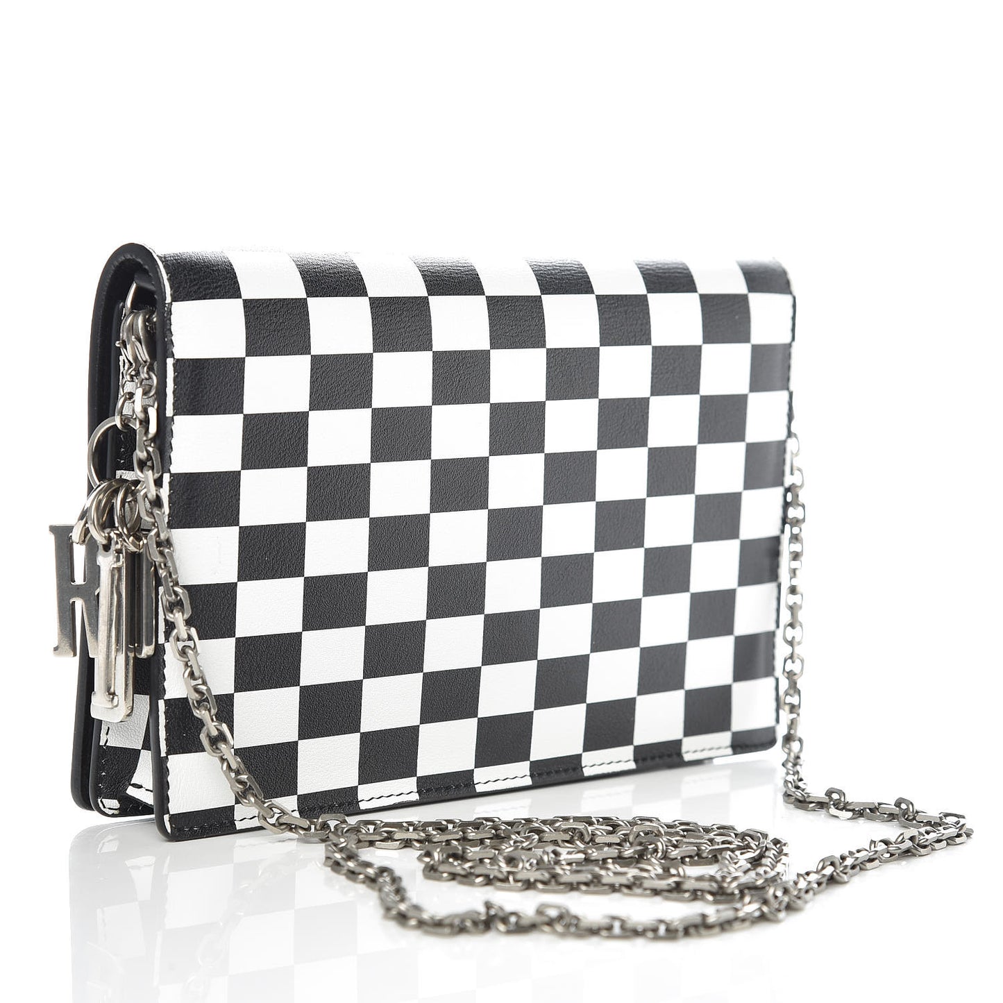 Calfskin Checkered Print Wallet On Chain WOC White Black