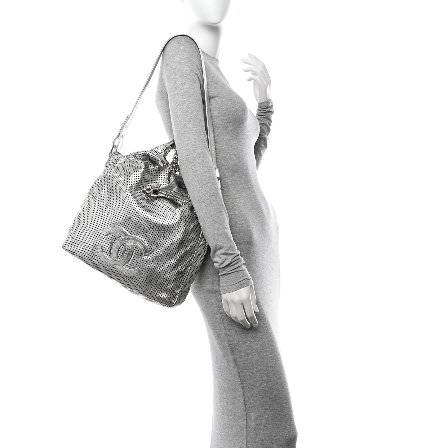 Metallic Glazed Calfskin Perforated Medium Rodeo Drive Tote Silver