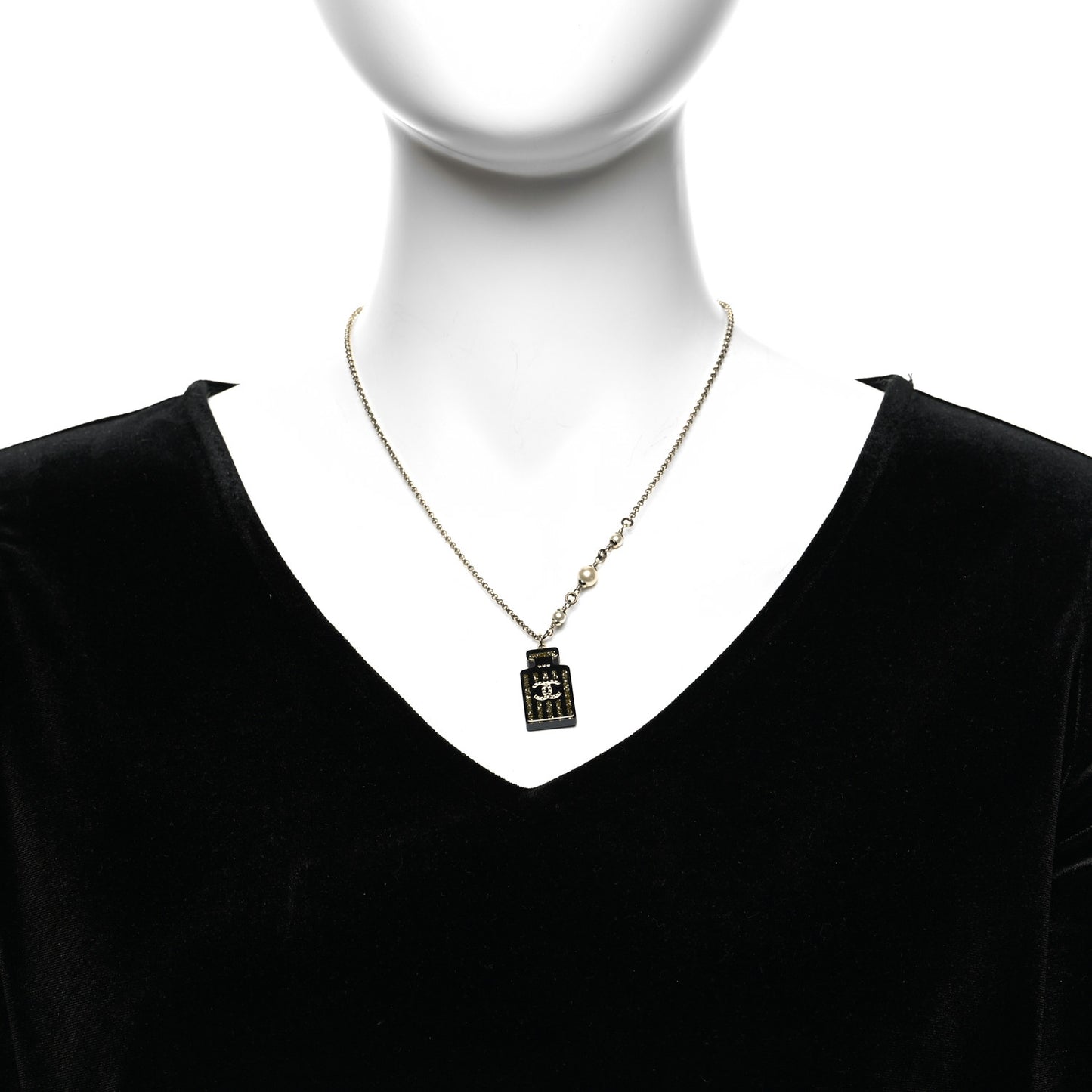 Pearl Resin Strass Perfume Bottle CC Necklace Black Gold