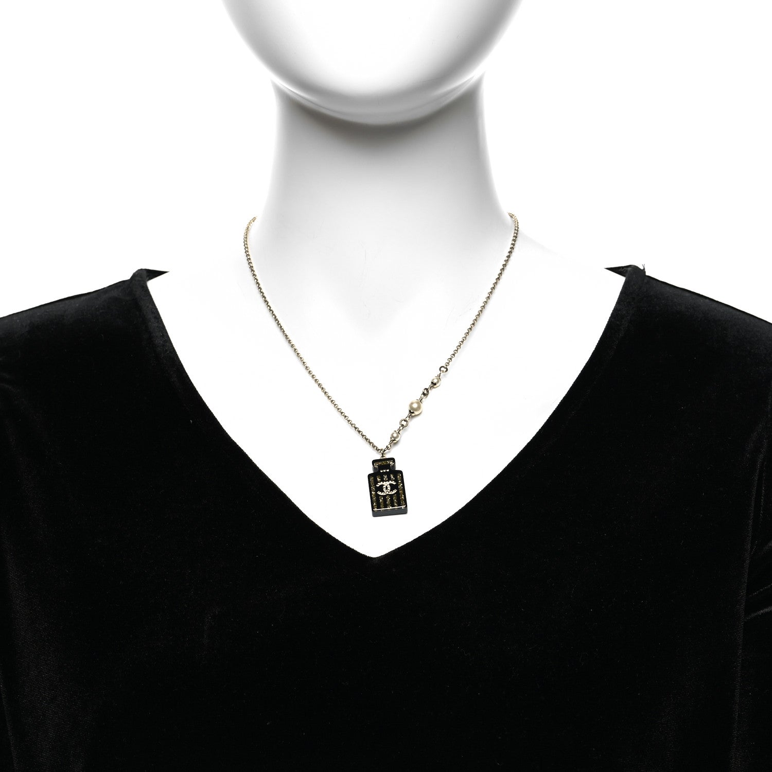 Chanel Pearl Resin Strass Perfume Bottle CC Necklace Black Gold 2 of 6