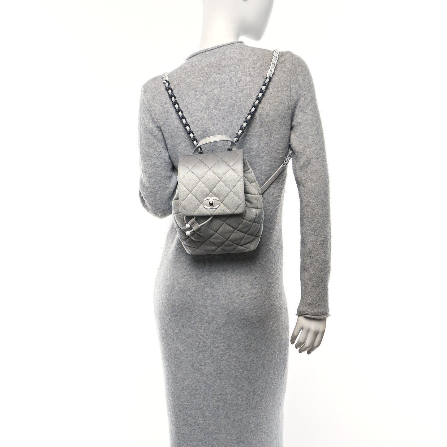 Shaded Caviar Quilted Lacquered CC My Everything Drawstring Backpack Dark Grey Light Grey