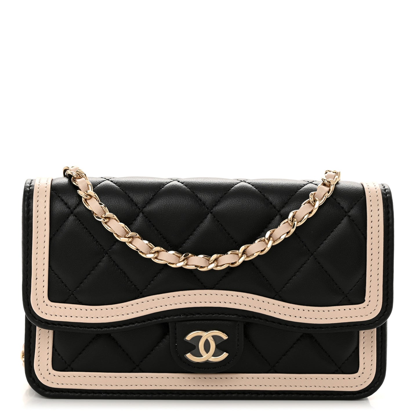 Lambskin Quilted Flap Phone Holder With Chain Black Beige Black Beige