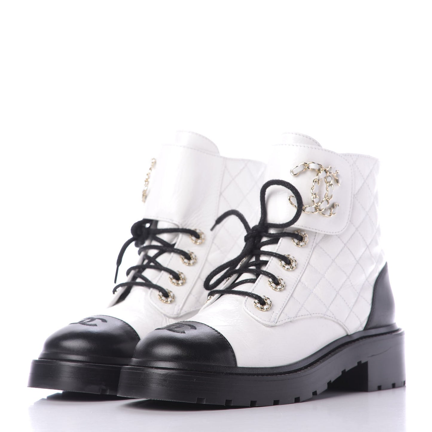 Shiny Goatskin Calfskin Quilted Lace Up Combat Boots 37.5 White Black