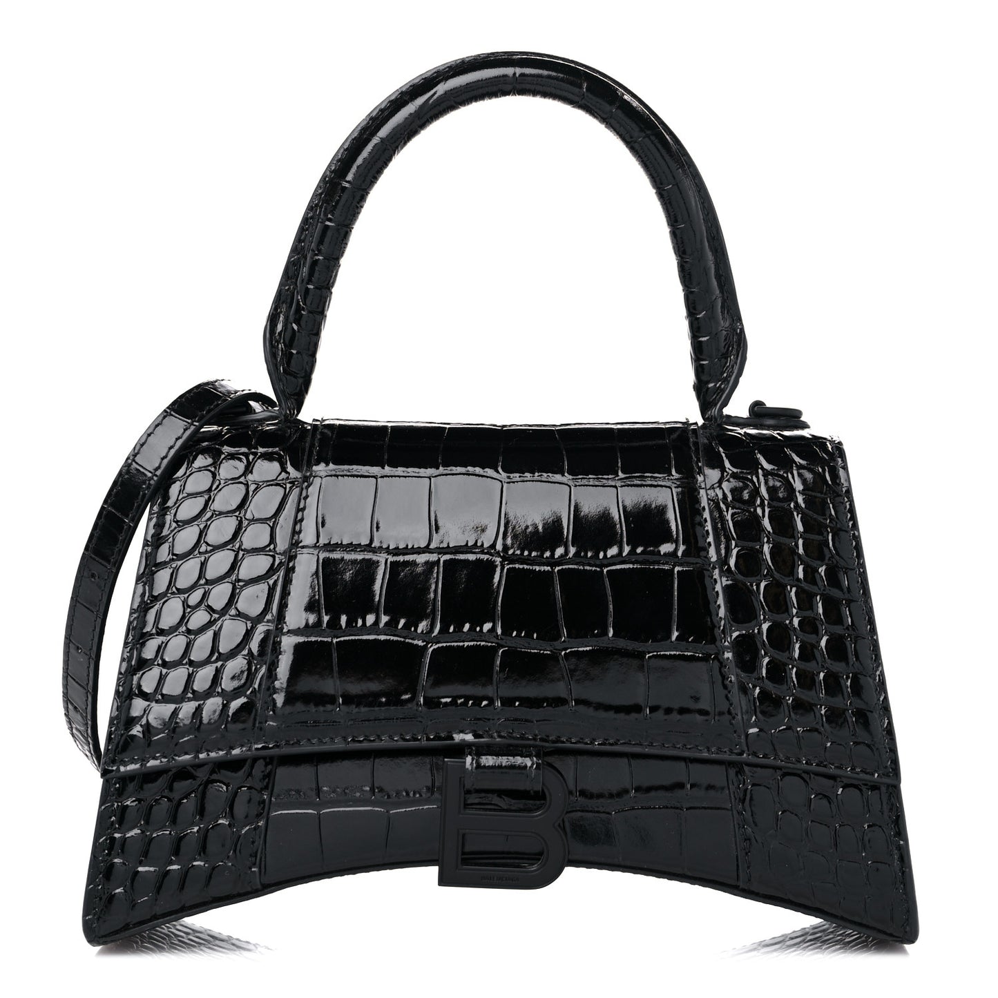 Shiny Calfskin Monochrome Crocodile Embossed Small Hourglass Top Handle Bag Black